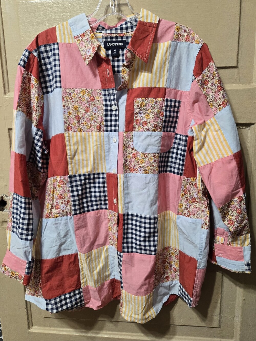 Land's End Patchwork 100% Cotton Button Front Fall Top NWOT